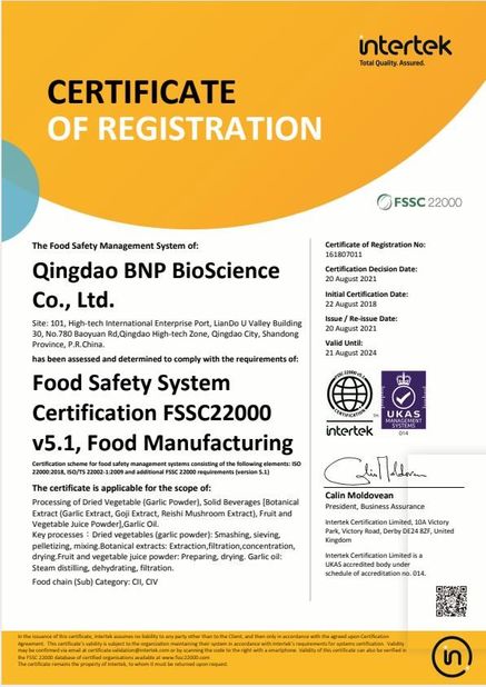 China Qingdao BNP BioScience Co., Ltd. Certificaten